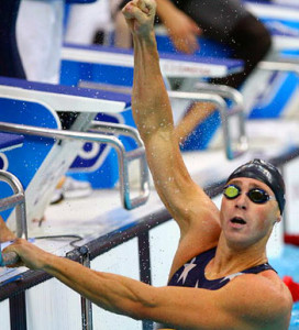 BEIJING - AUGUST 11: Jason Lezak of the United States celebrates finishing the Men's 4 x 100m Freestyle Relay Final in first place and wins the gold medal held at the National Aquatics Center on Day 3 of the Beijing 2008 Olympic Games on August 11, 2008 in Beijing, China.  (Photo by Adam Pretty/Getty Images)